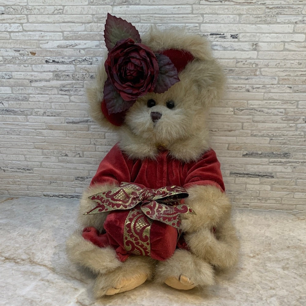 Plush Teddy Bear Collectible with Red Dress and Hat